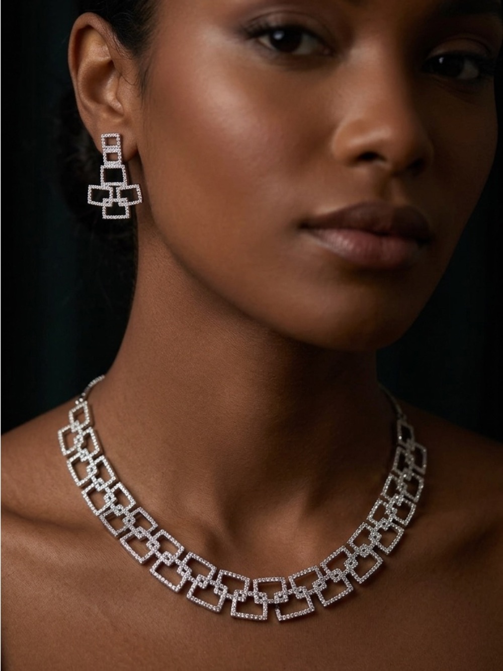 18K Gold Plated Zirconia Crystal Link Necklace Earrings set Geometric Design